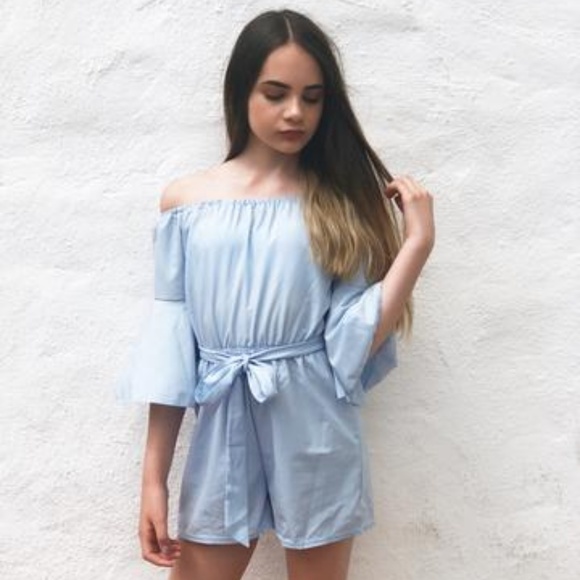 Flare 1/2 sleeve off shoulder belted mini romper - Picture 2 of 8